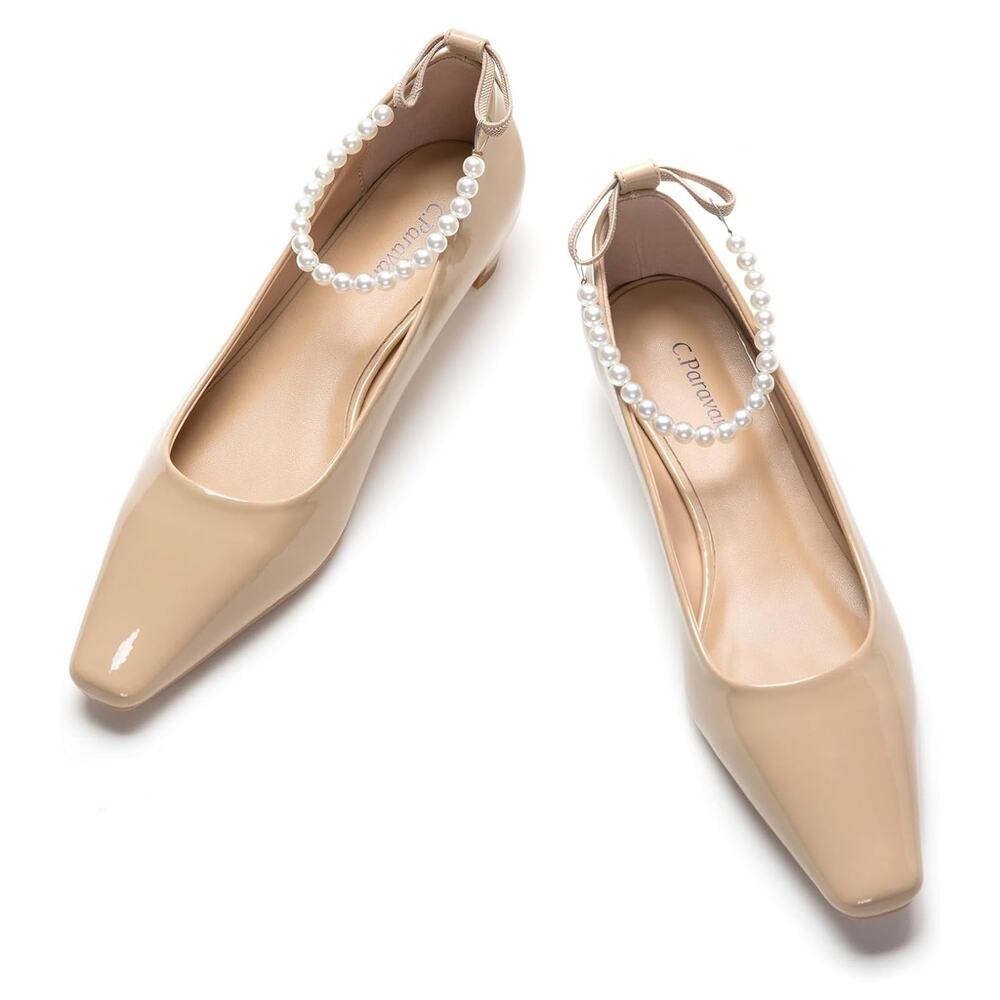 C.Paomi Beige Patent Pearl-Ankle Ballet Flats